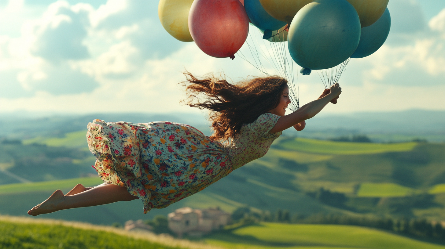 Woman Flying with Balloons over Green Landscape AR 16:9 