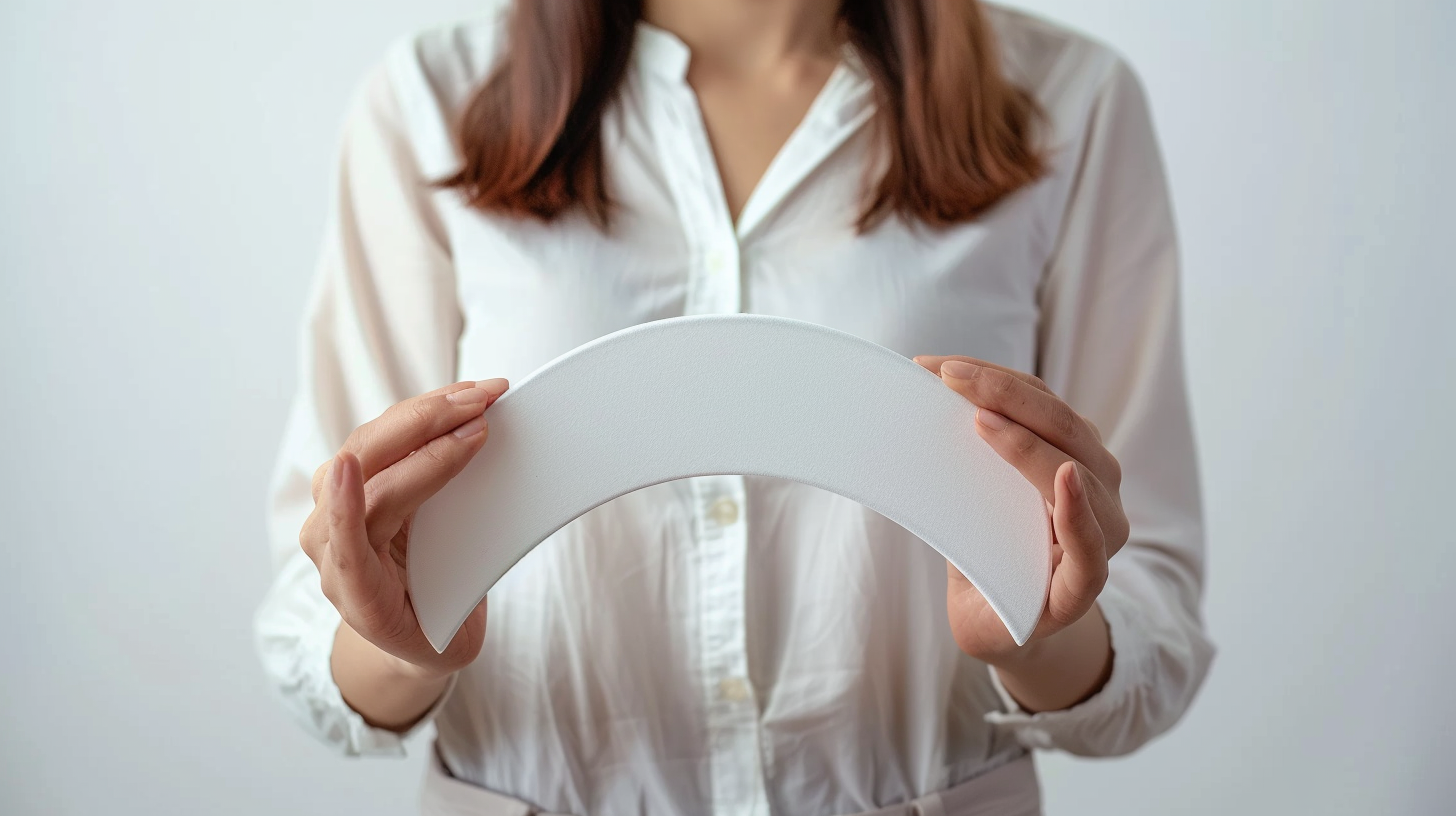 Woman Holding 23cm Halfcircle Device, Epic Mood, White Background 