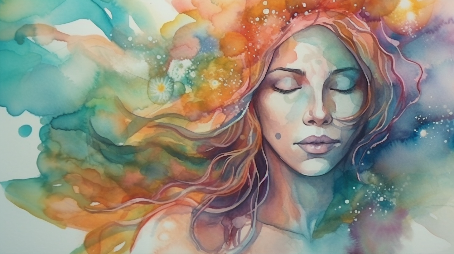 Woman Meditating with Vibrant Watercolor Energy Art