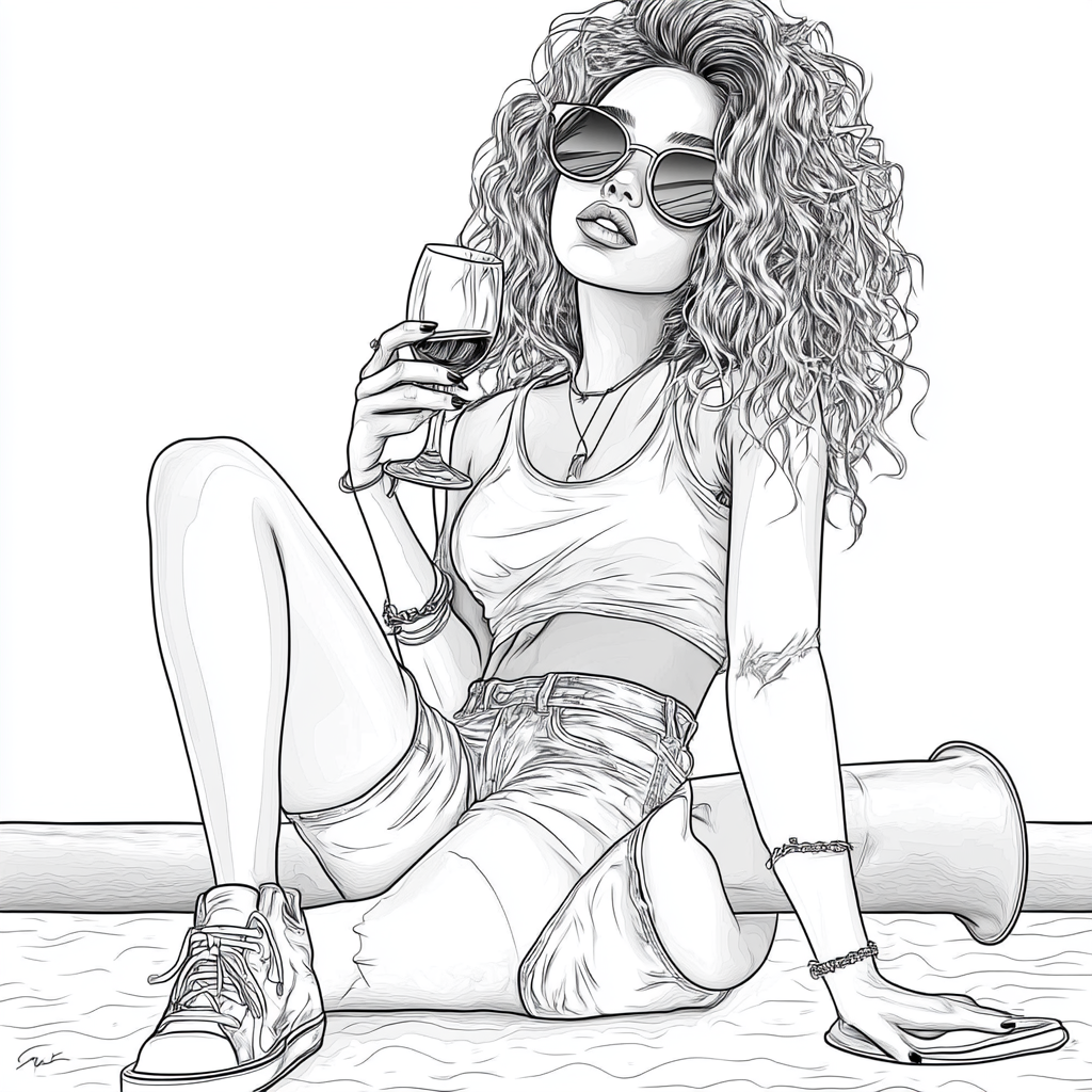 Woman Posing by Pool with Wine, Vector Outline