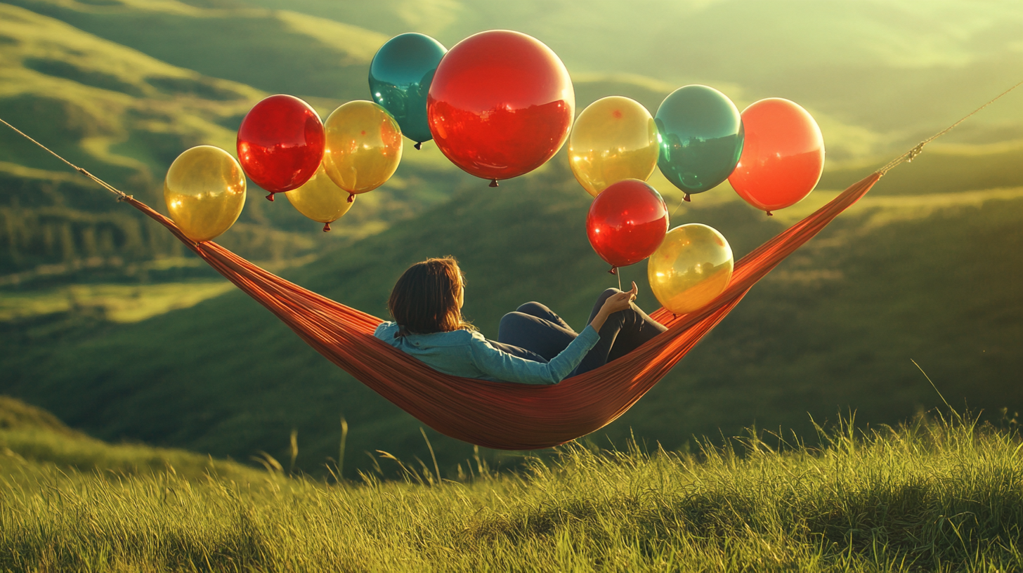 Woman Relaxing in Hammock with Balloons and Glass Ball in Mid Air Outdoors - 16:9 Ratio