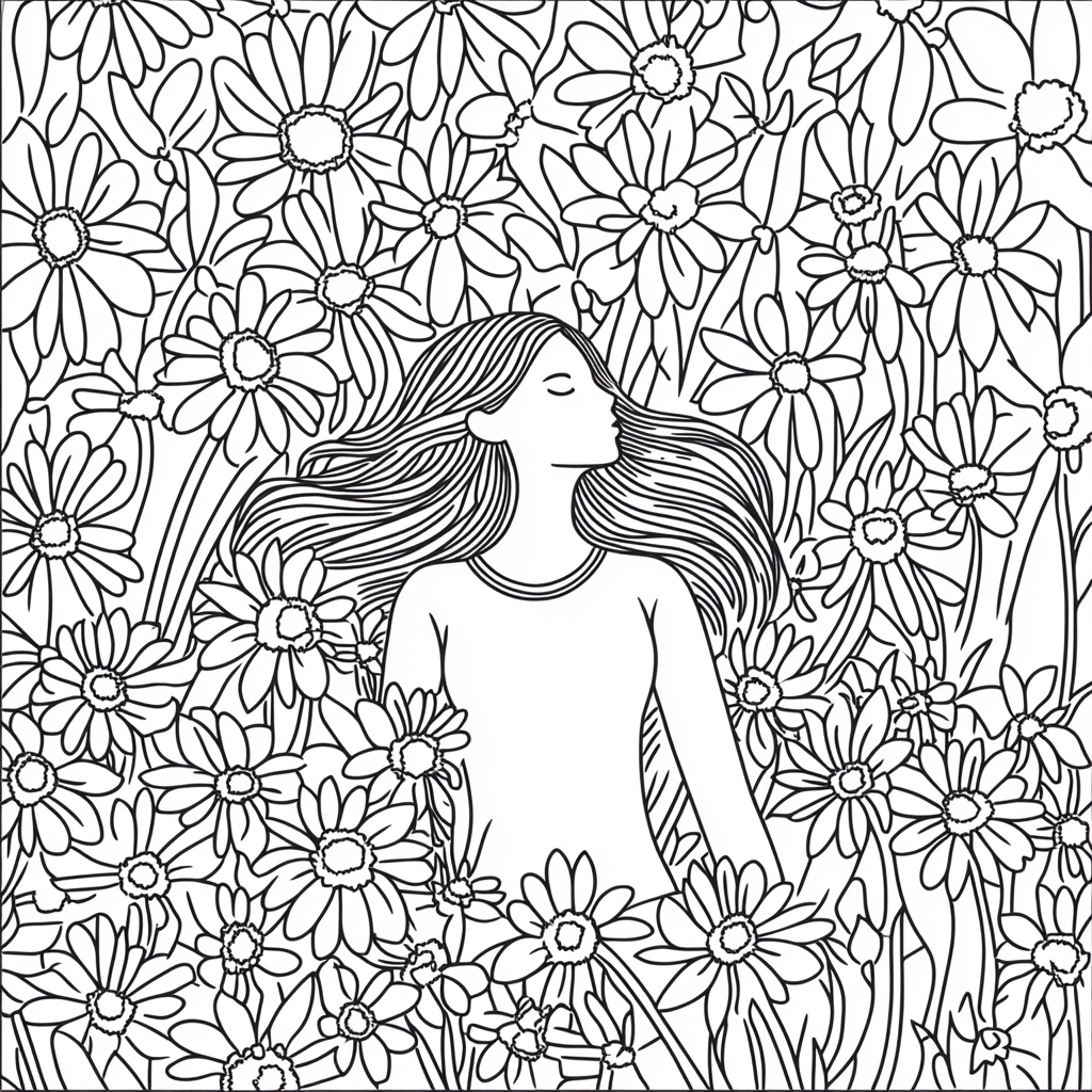 Woman Rests in Daisy Field Coloring Page