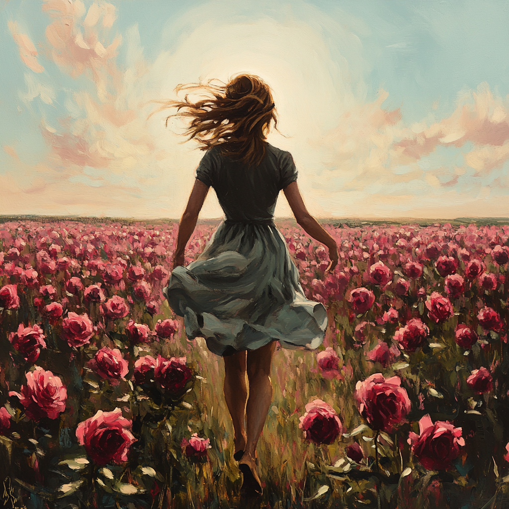 Woman Running Through Blooming Rose Field