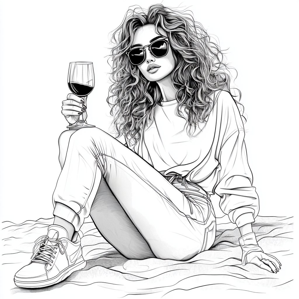 Woman Sipping Wine on Beach, Black & White Sketch