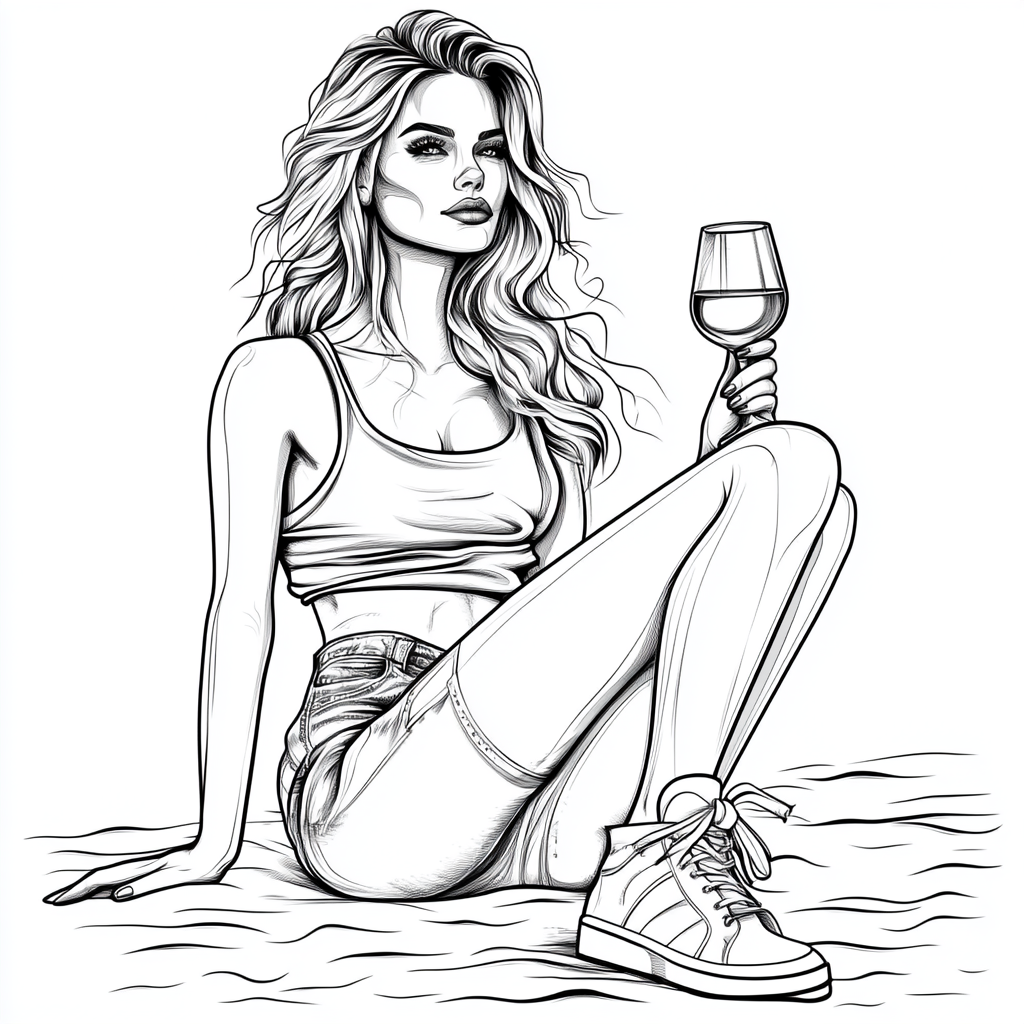 Woman Sipping Wine on Beach, Black and White Outline