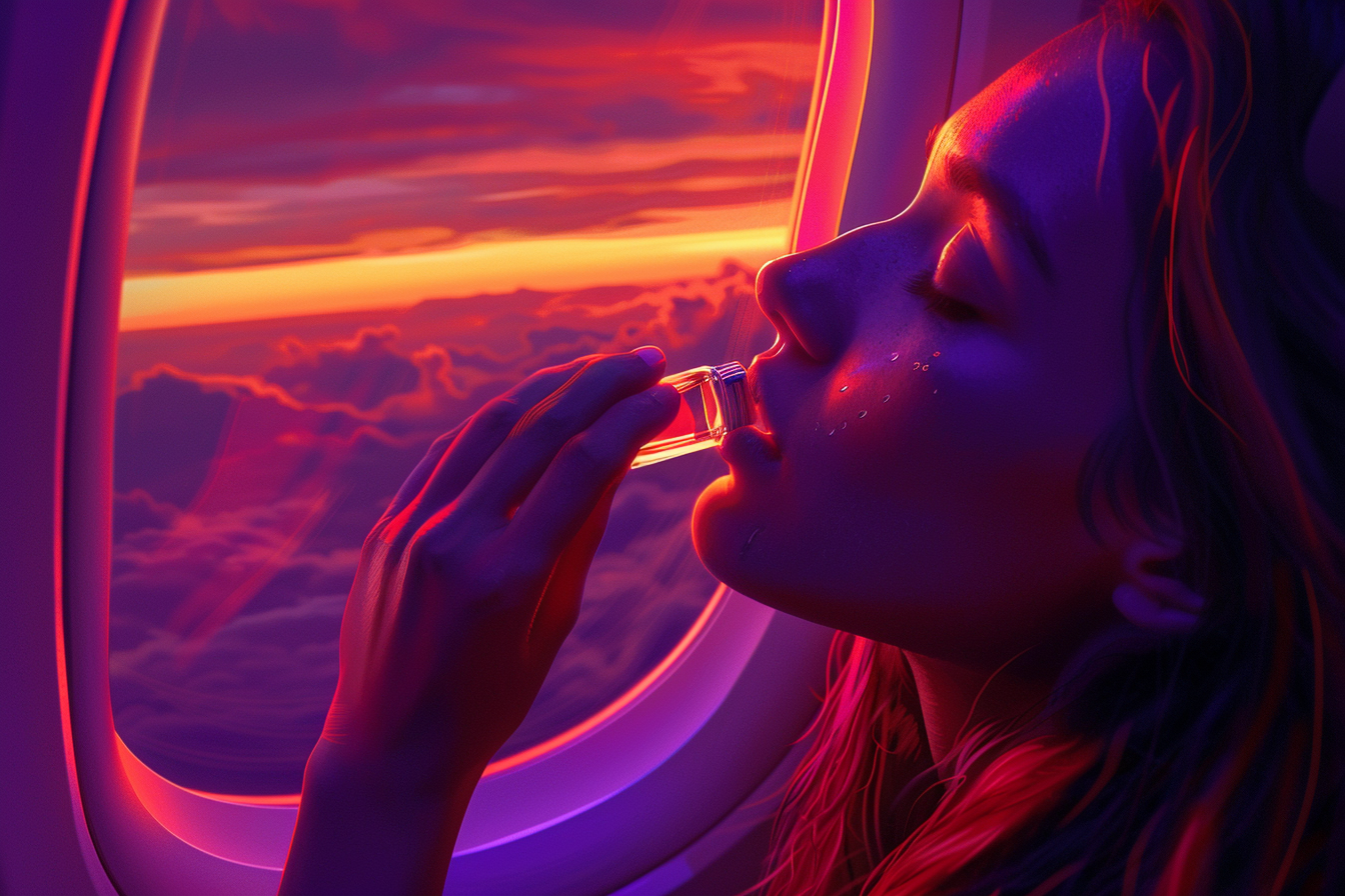 Woman Smelling Perfume in Airplane During Sunset