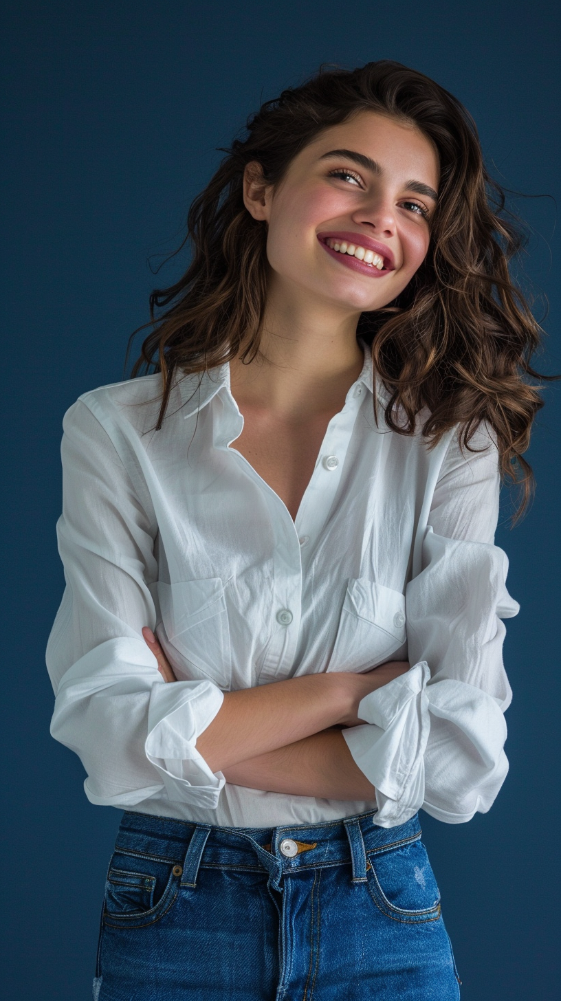 Woman Smiling with Arms Folded in Blue Background