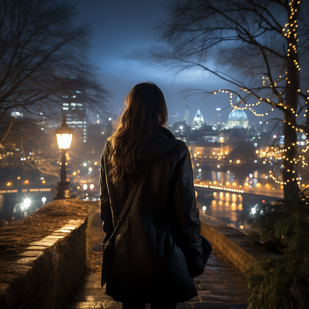 Woman Walking Alone in Night City Park