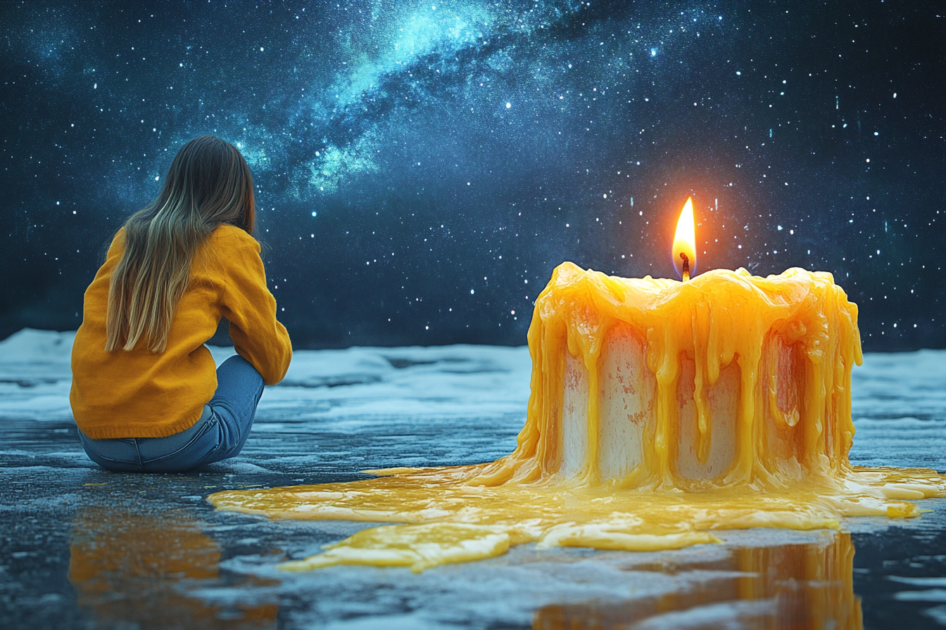 Woman admiring stars next to big candle at night.