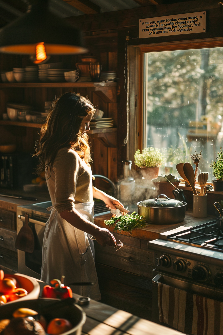 Woman chopping vegetables in cozy, warm kitchen ambiance.