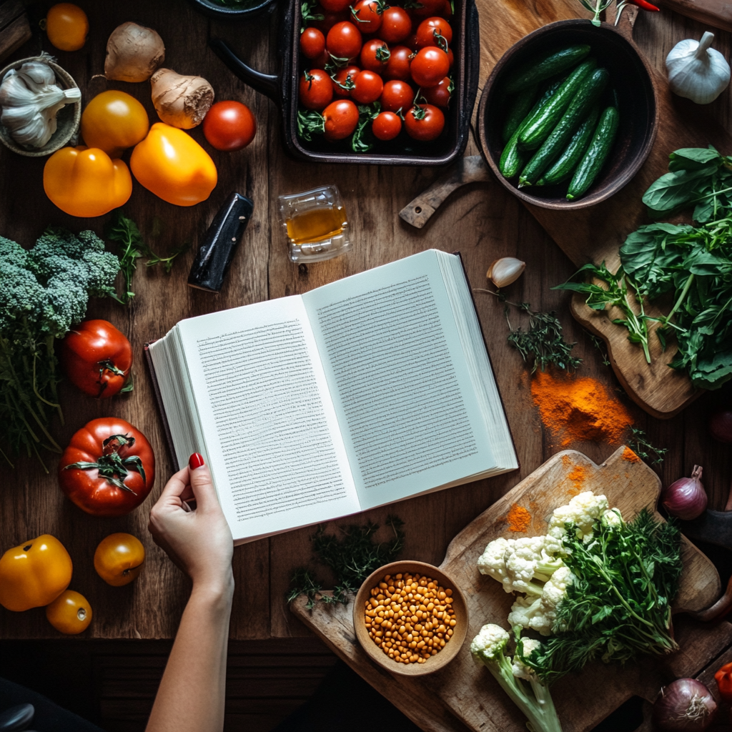 Woman cooking vegetables, closed recipe book on plum table.