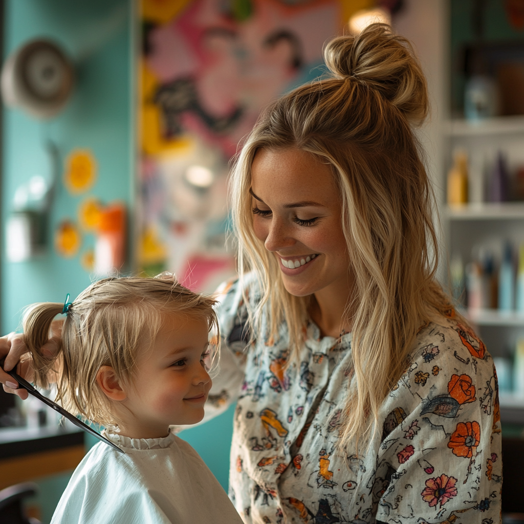 Woman cutting child's hair in colorful kid's salon.