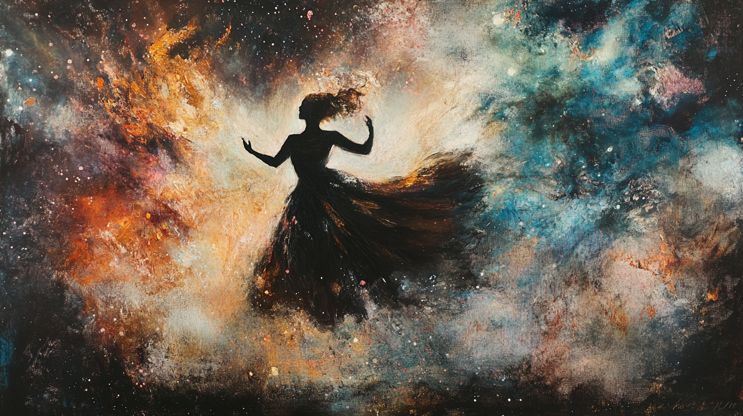 Woman dancing in cosmic nebulae: ephemeral elegance.