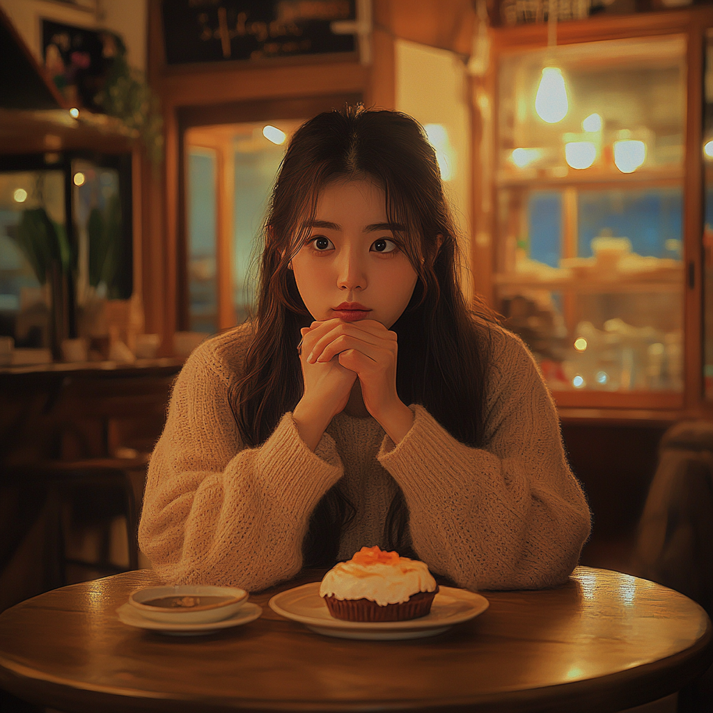 Woman debating eating dessert in cozy cafe with warm lighting.