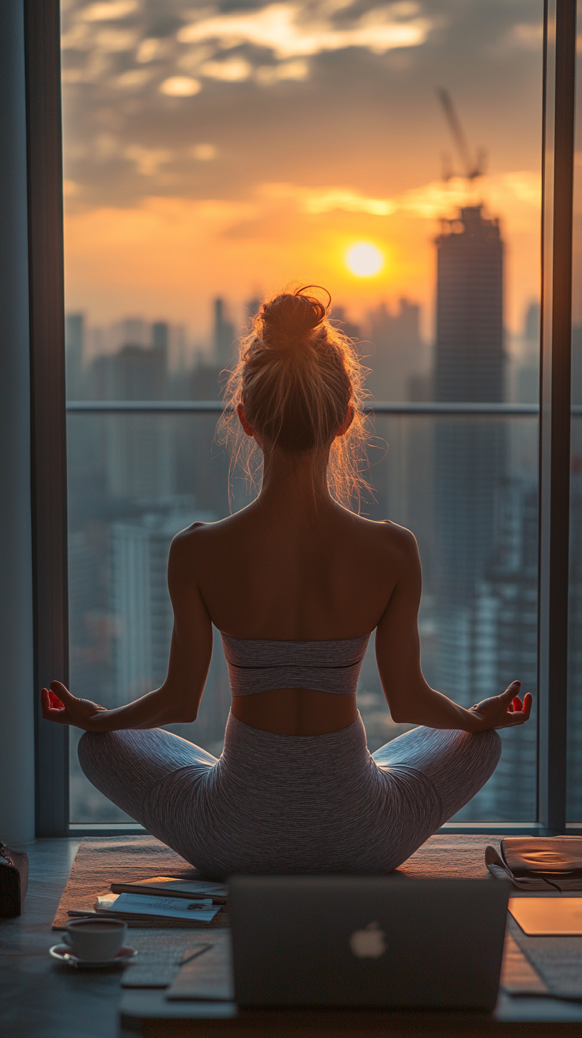 Woman does yoga on balcony