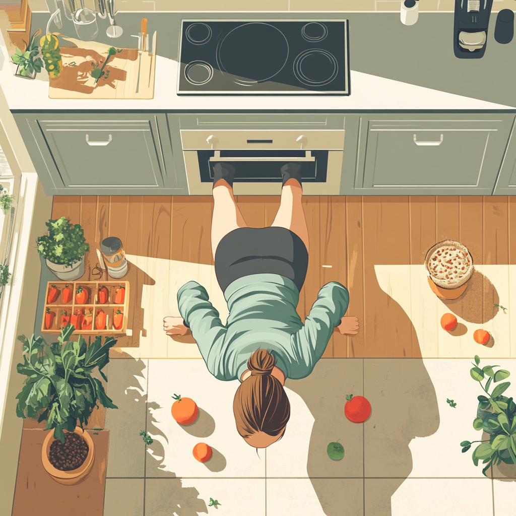 Woman doing push-ups in colorful kitchen.