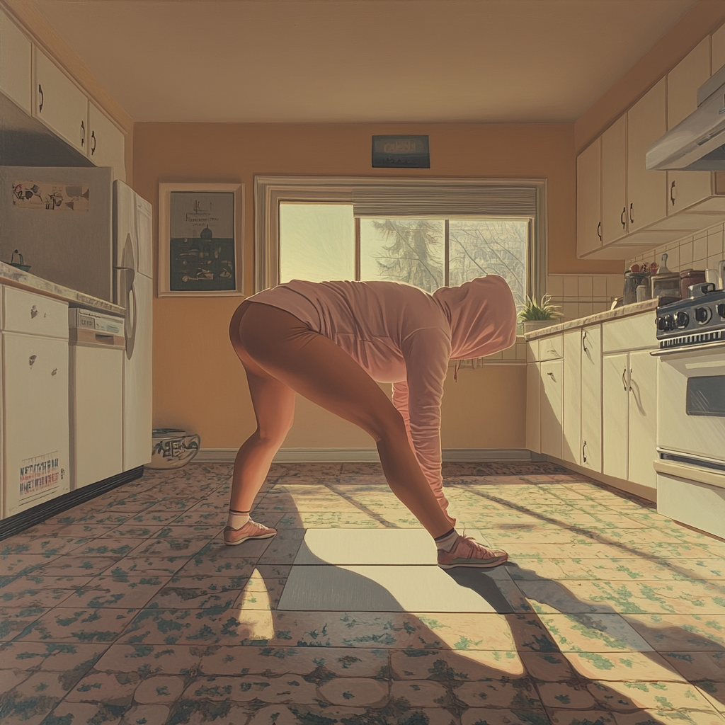 Woman doing push-ups on kitchen floor with pastel colors.