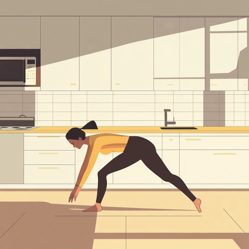 Woman exercising in kitchen with vector art style