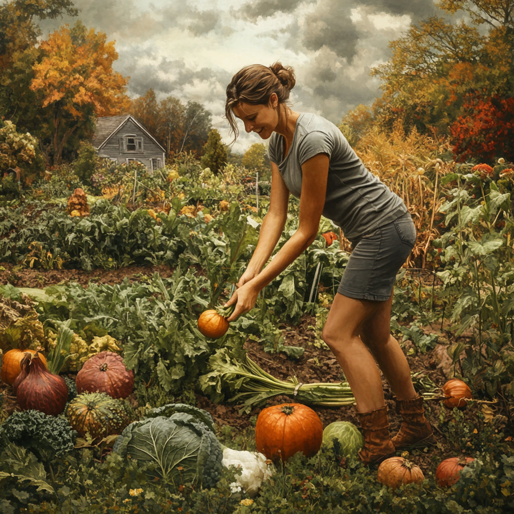 Woman gardening in fall vegetables, smiling on cloudy day.