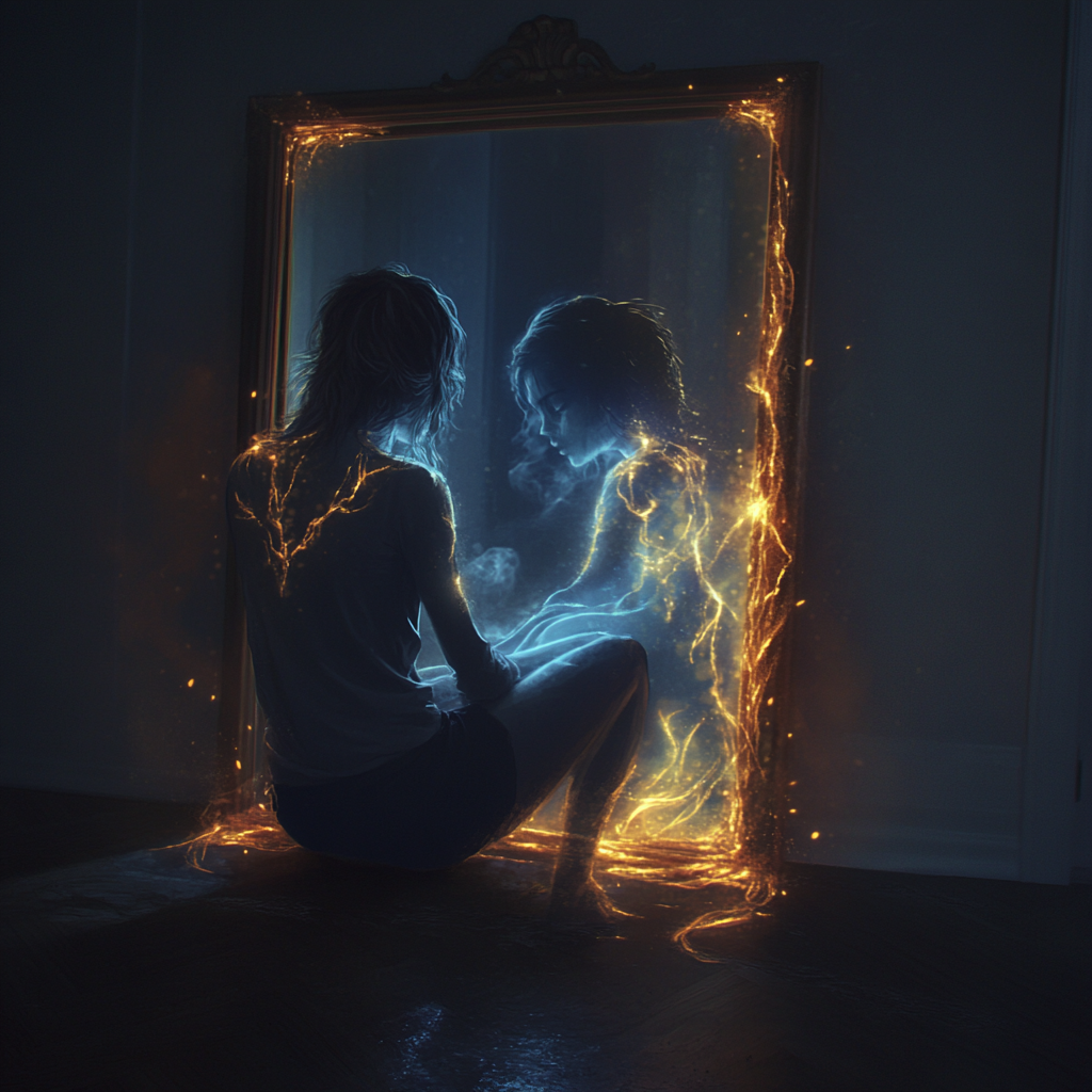 Woman gazes into mirror at her comforting spirit.