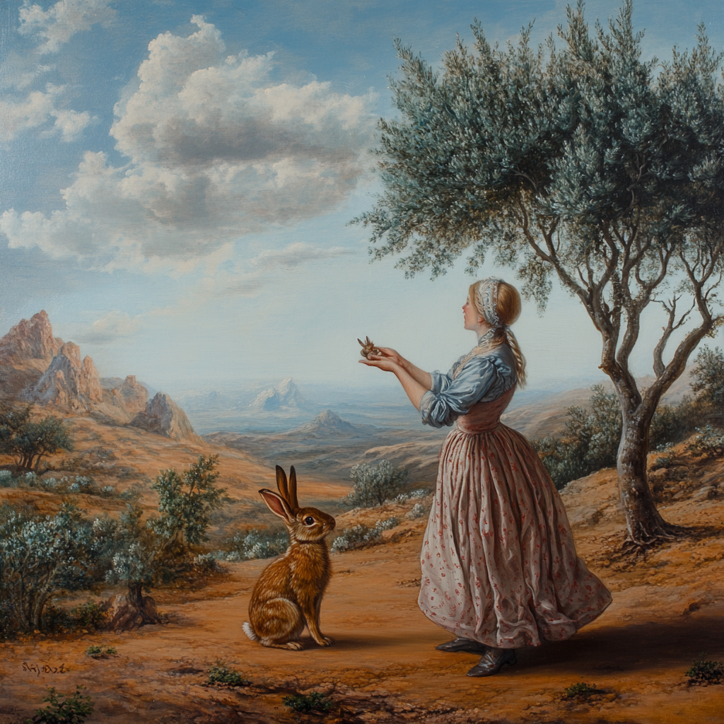 Woman giving message to rabbit in desert setting.