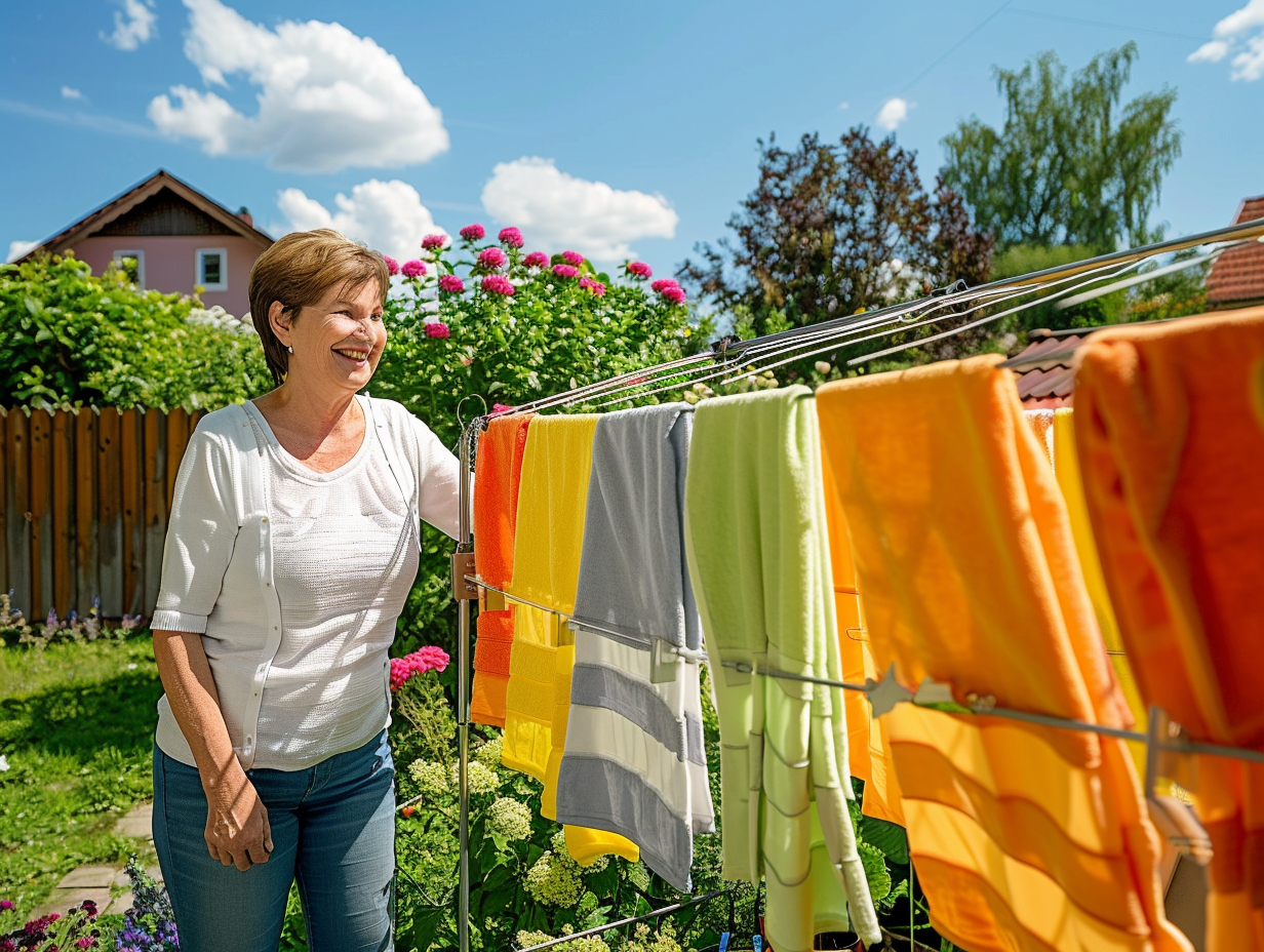 Woman happily hanging colorful towels to dry in backyard.