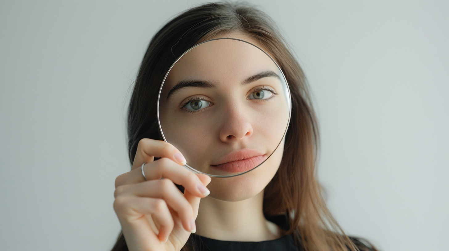 Woman holding 23cm half-circle device, white background, epic mood