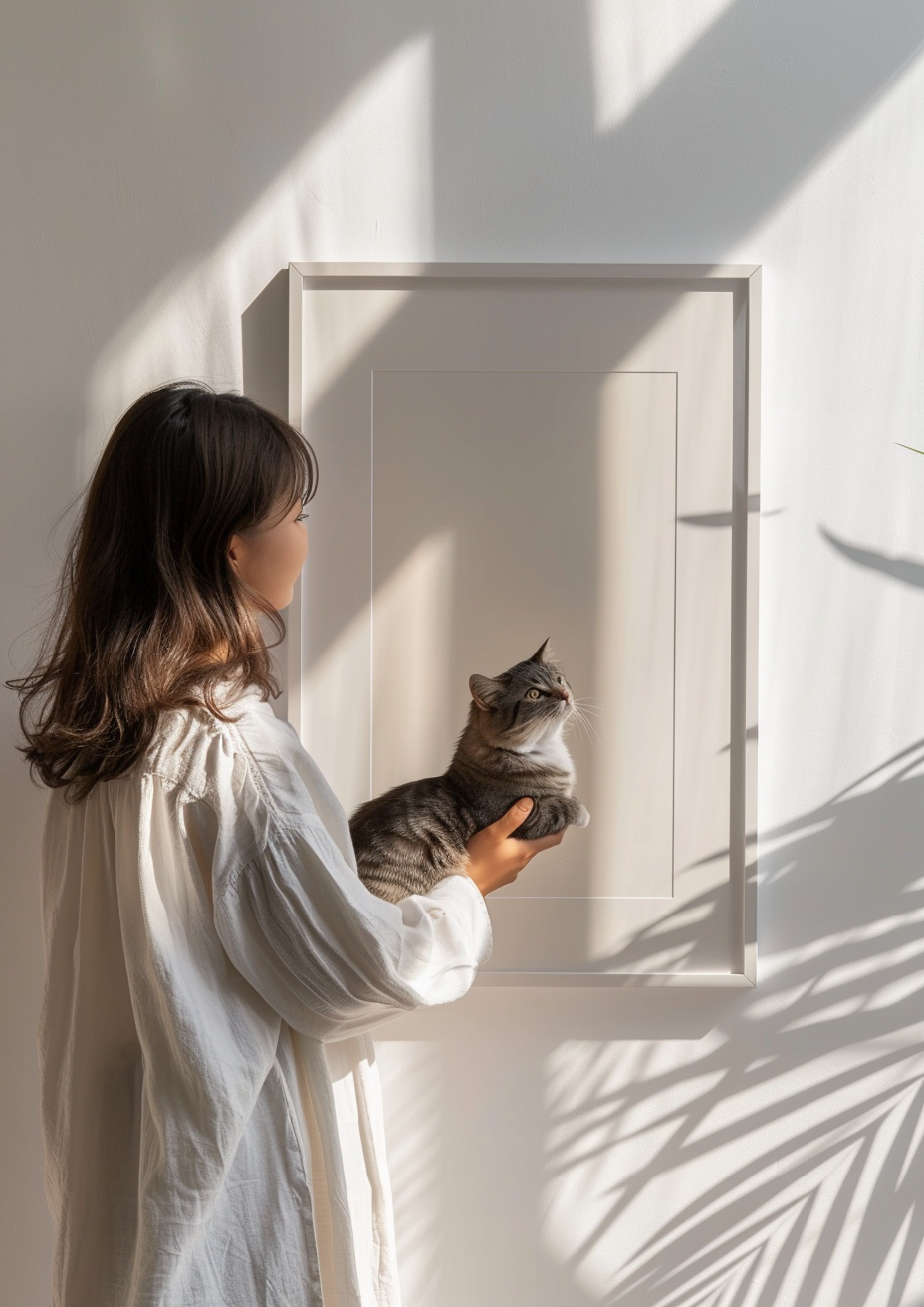 Woman holding cat in hyperrealistic frame on wall.