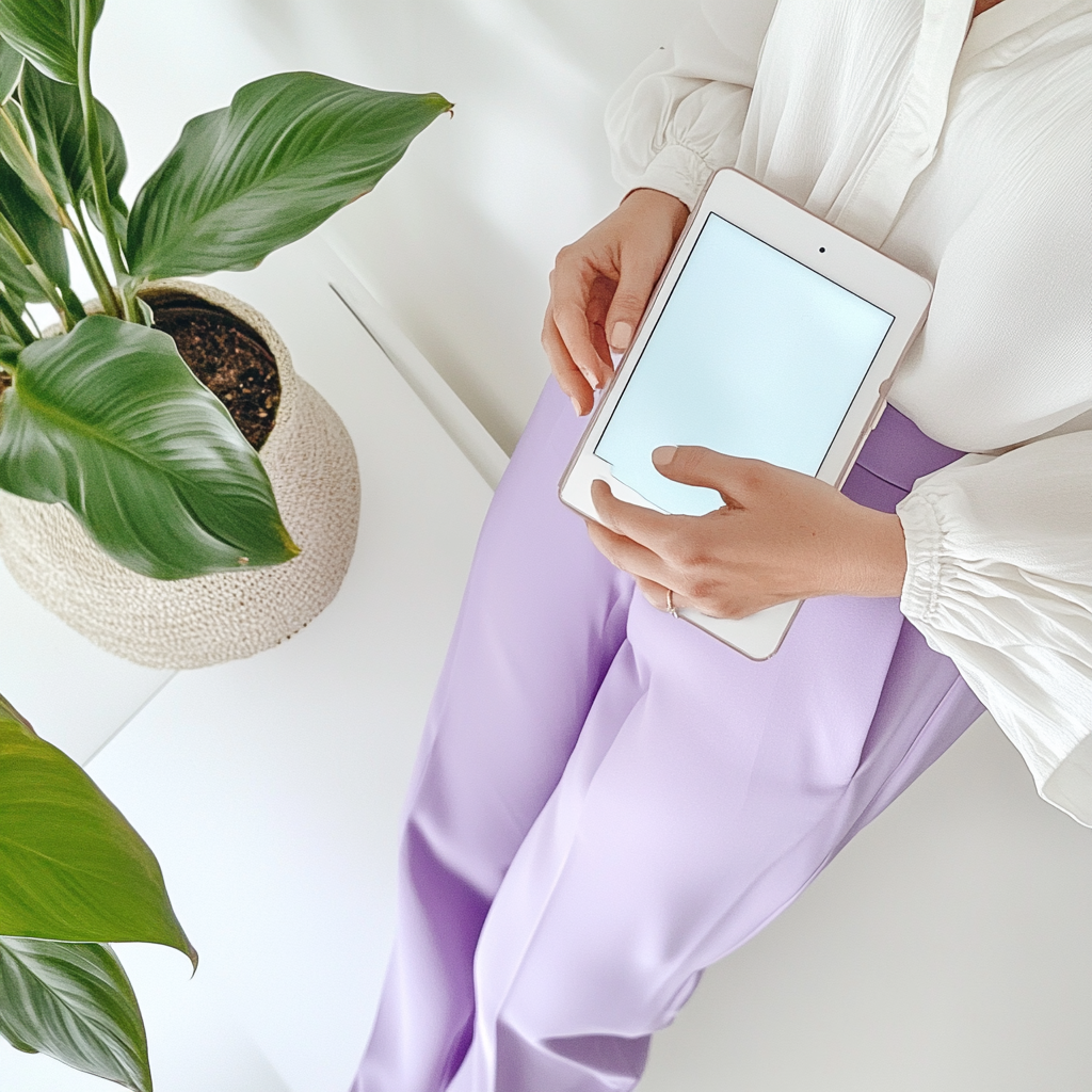 Woman holding iPad with autumn feed, white shirt.