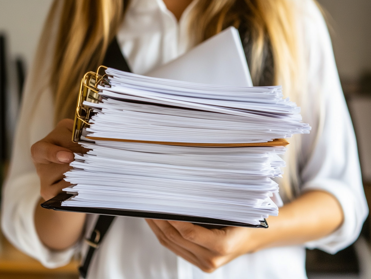 Woman holding papers and planner, clean, professional photography.