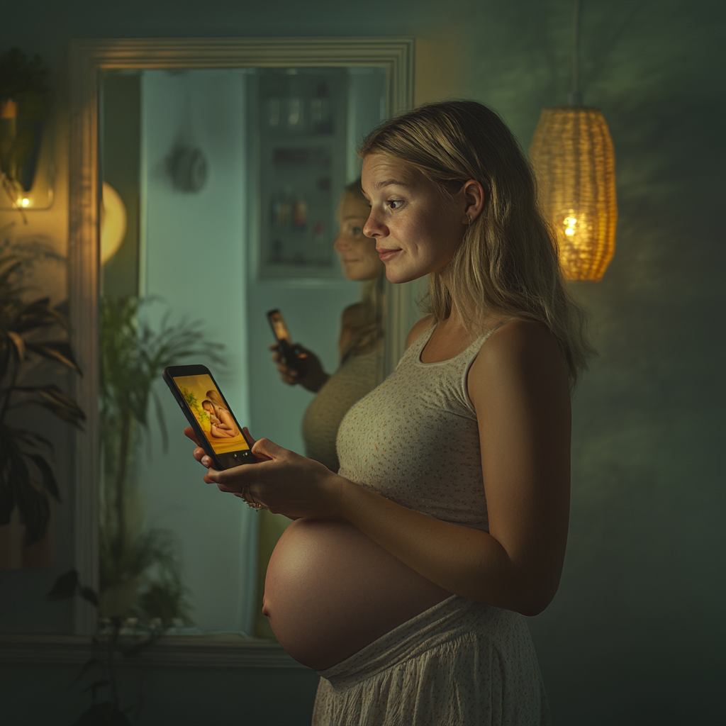 Woman holding smartphone sees pregnant self in reflection.