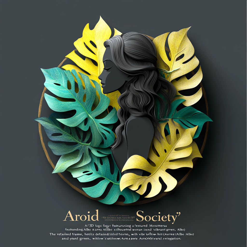 Woman holding vibrant variegated Monstera leaf for Aroid Society.