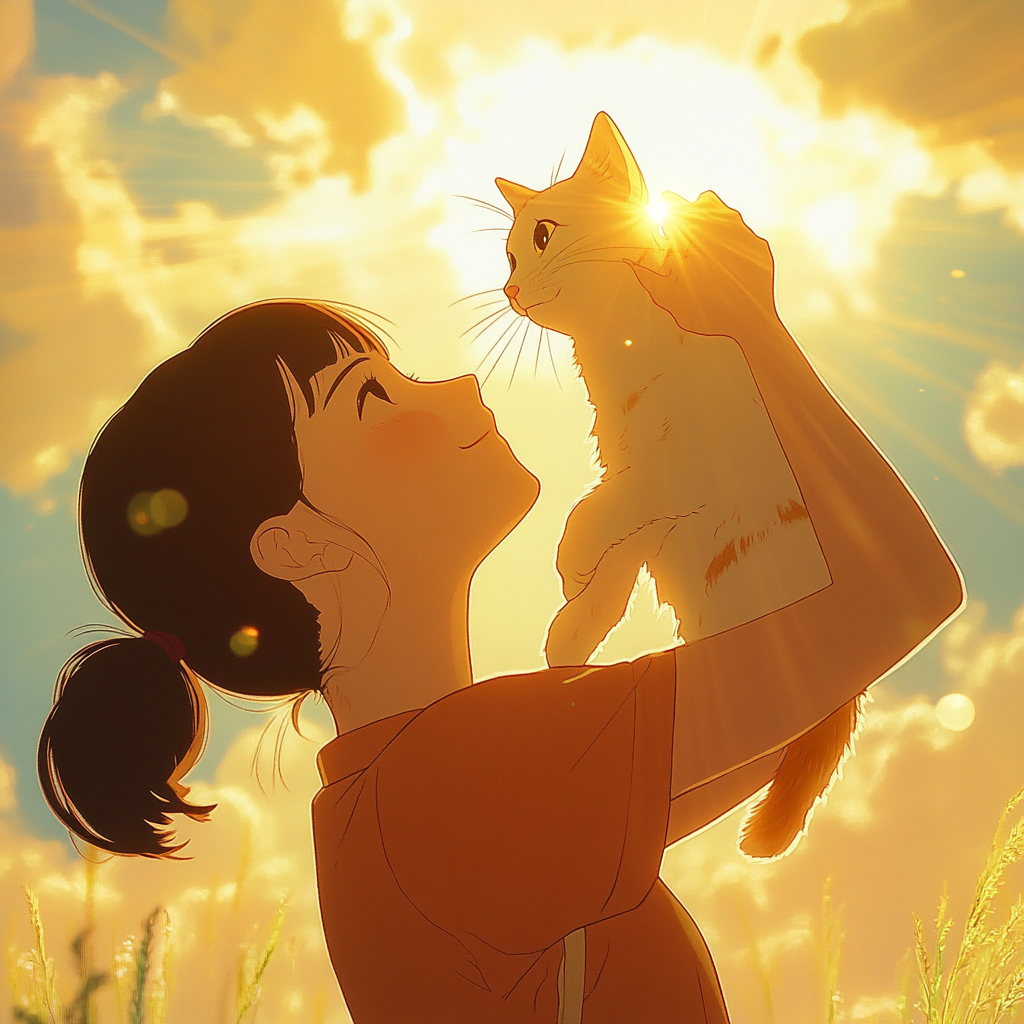 Woman holds cat under sunlight in heartfelt scene