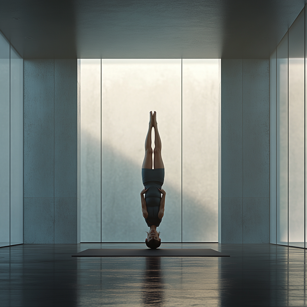 Woman in 40s does headstand in sleek yoga studio