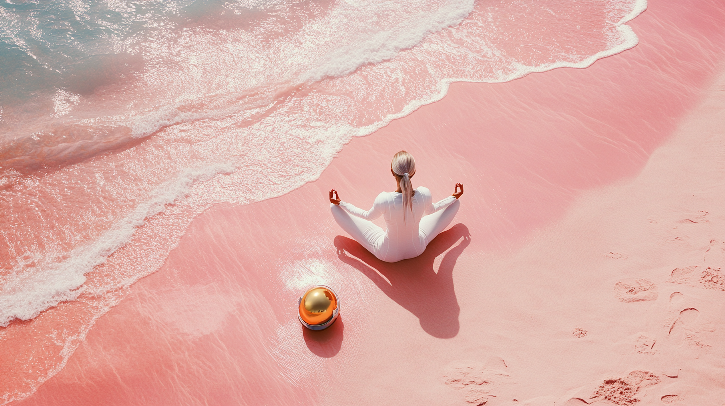 Woman in 40s in spacesuit does yoga on pink beach