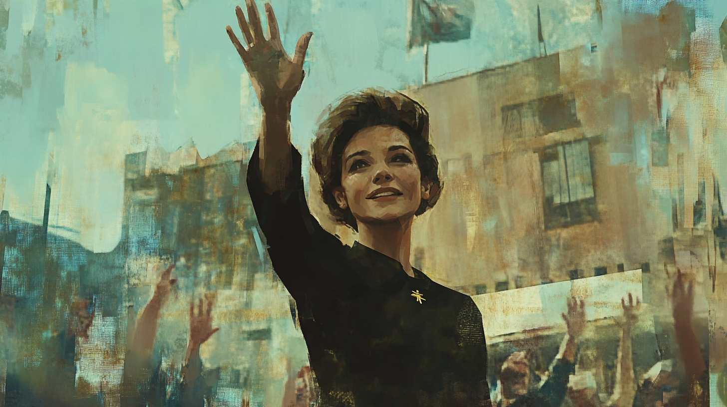 Woman in 70s dress waving from balcony, people cheering.