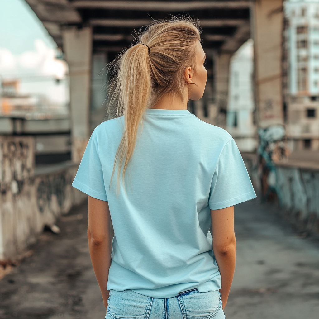 Woman in Aqua t-shirt in urban setting modeling.