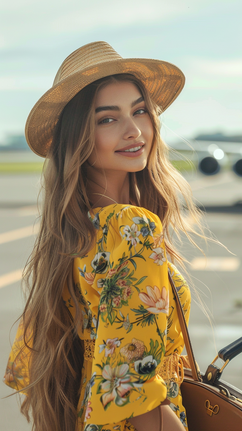 Woman in Gigi Hadid style, boarding plane happily.