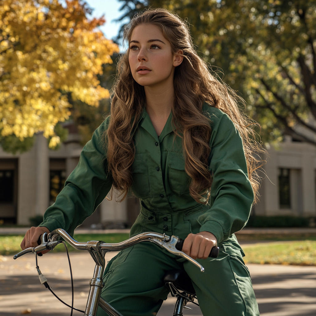 Woman in Green Jumpsuit Riding Bike at UC Davis