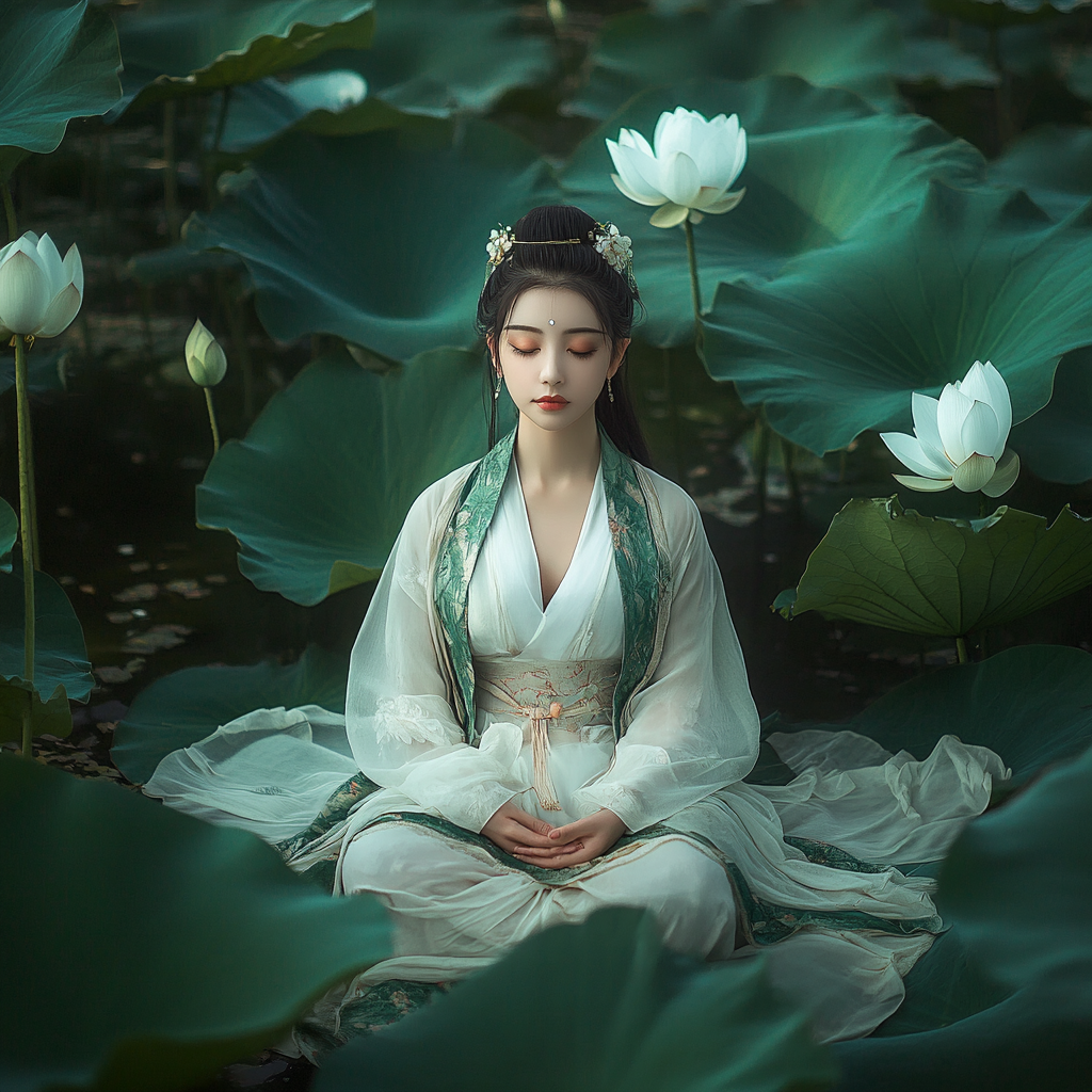 Woman in Hanfu on lotus leaf, surrealistic, mysterious atmosphere.