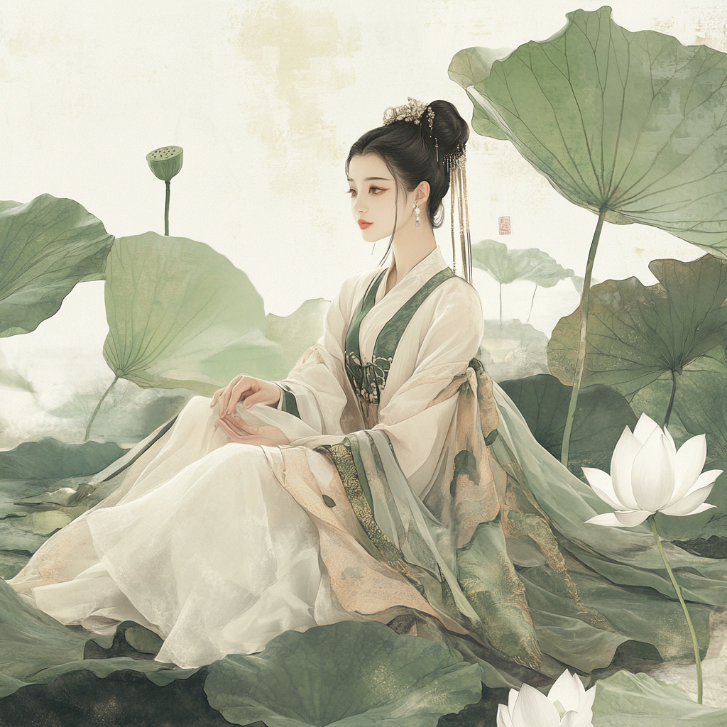 Woman in Hanfu on lotus leaf, with Chinese painting style.