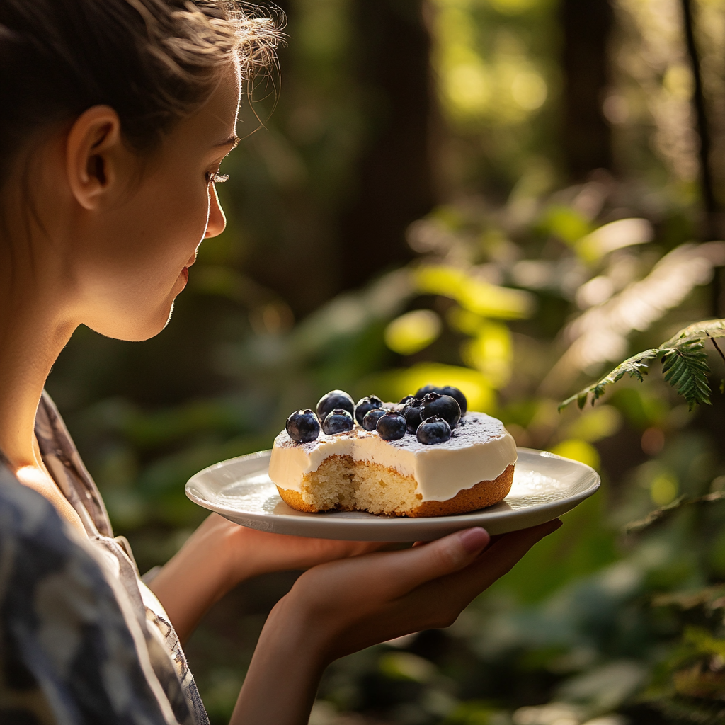 Woman in Nature Enjoying Blueberry Almond Friand