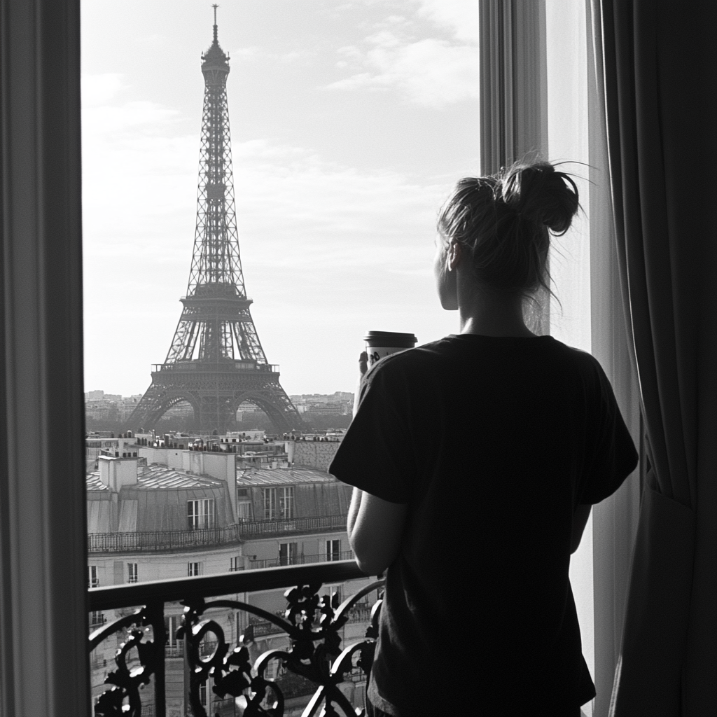 Woman in Paris apartment with Eiffel Tower view drinking coffee