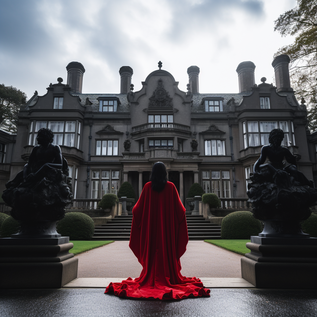 woman-red-robe-mansion-gates