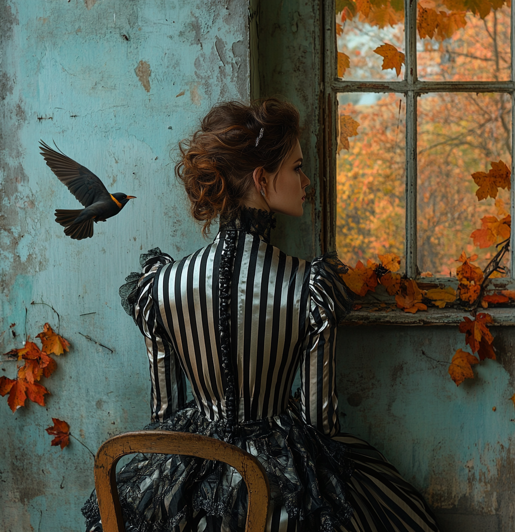 Woman in Silk Dress with Bird Flying Outside Window