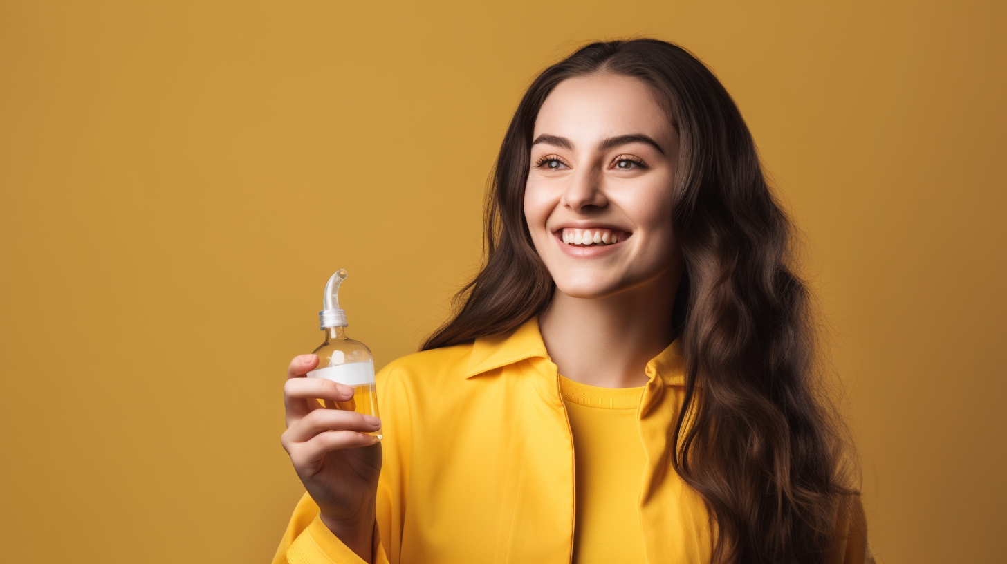 Woman in Yellow Lab Coat Presents Face Cream