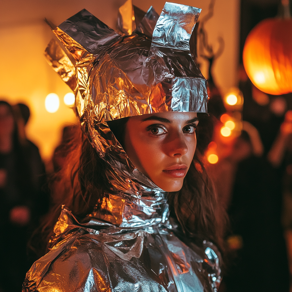 Woman in aluminum foil costume at Halloween party