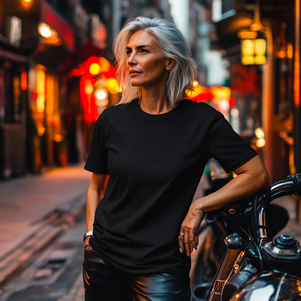 Woman in black T-shirt confidently stands on street.