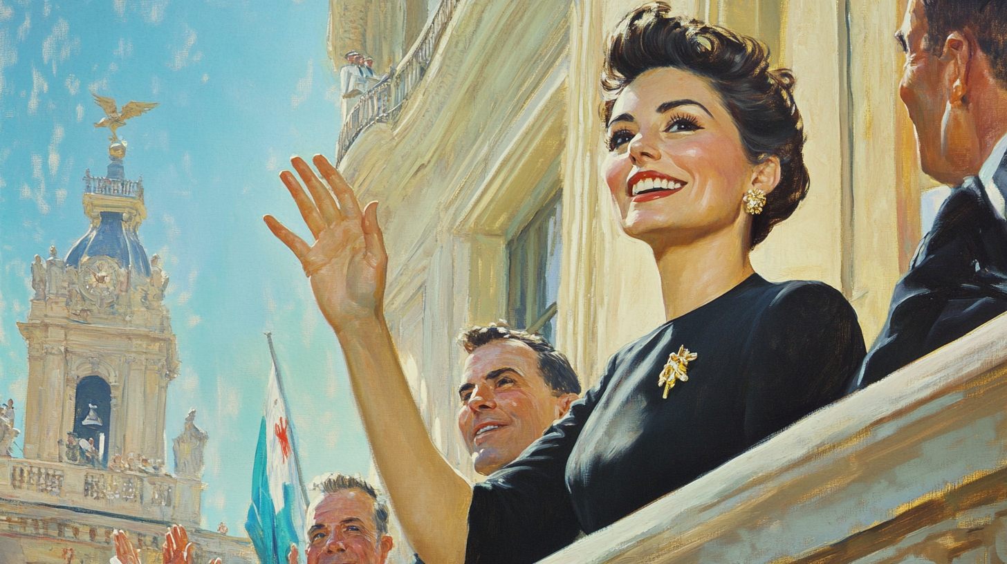 Woman in black dress waves from balcony to husband.