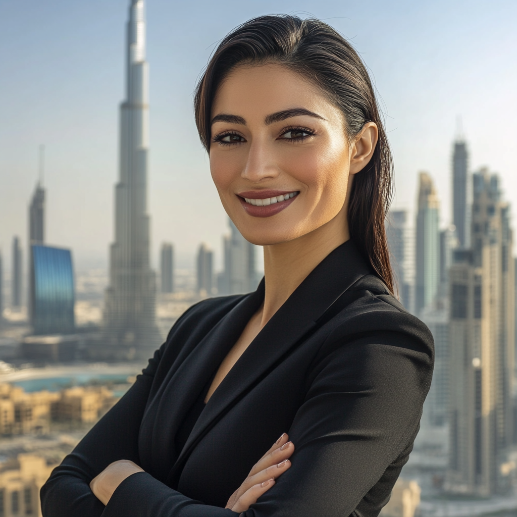 Woman in black suit poses with Burj Khalifa. Smiling confidently.